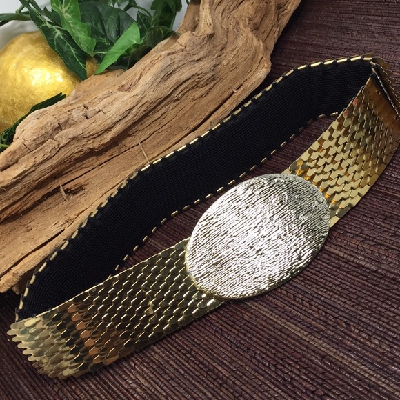 Vintage Gold Stretch Belt Wide Fish Scales Oval - Picture 1 of 4